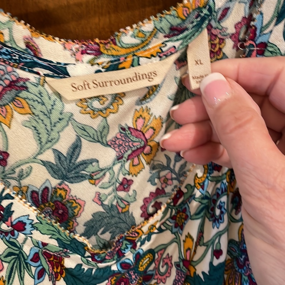 Soft Surroundings Floral Maxi Dress in White with Teal, Rust, and Purple - Picture 2 of 5